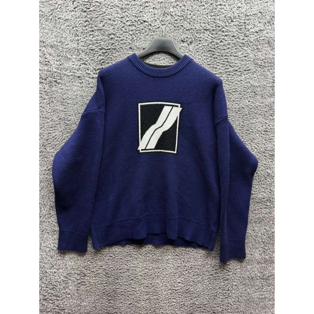 We11done Square Logo Jacquard Knit Wool Pullover Sweater Navy Blue Mens Size L‎
